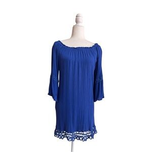 Flying Tomato Cobalt Blue Bell Sleeve Off Shoulder Lace Trim Mini Womens Size M